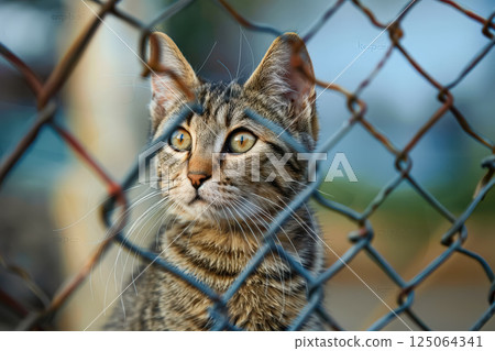 Cat is looking out of a chain link fence Cat is looking out of a chain link fence 125064341