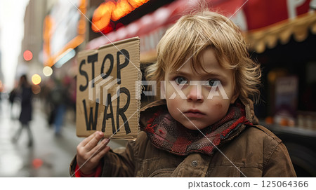 Young boy holds a cardboard sign that says "Stop War" 125064366