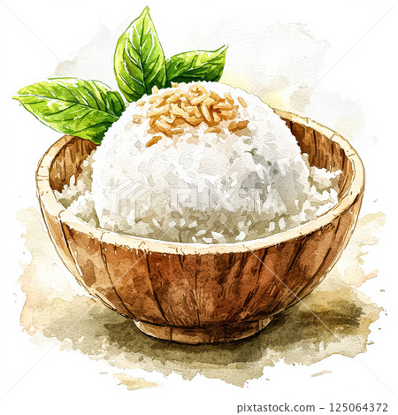 Bowl of white rice with a green leaf on top 125064372