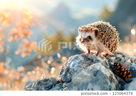 Small brown and white hedgehog is standing on a rock 125064378