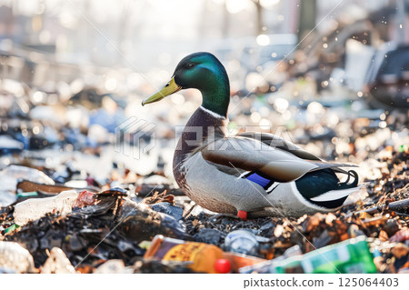 Duck is sitting on a pile of trash 125064403