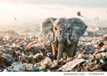 Small elephant is walking through a pile of trash 125064407