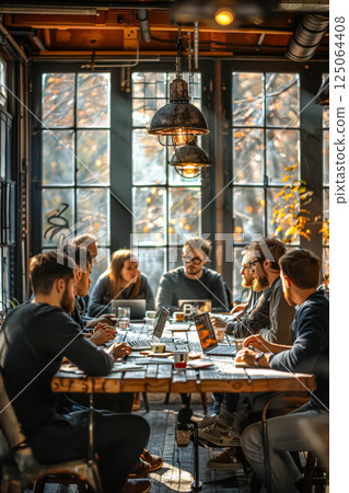 Group of people are sitting around a table in a room with a large window 125064408