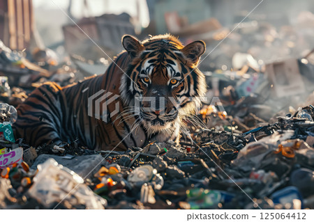 Tiger is laying in a pile of trash 125064412