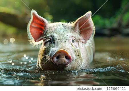Pig is swimming in a pond 125064421