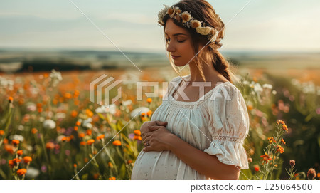 Woman is standing in a field of flowers, wearing a white dress 125064500