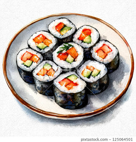 Plate of sushi with a variety of vegetables and meat 125064501