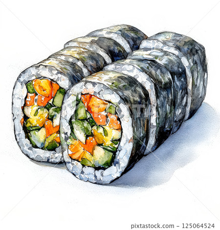 Drawing of a sushi roll with vegetables and meat Drawing of a sushi roll with vegetables and meat 125064524