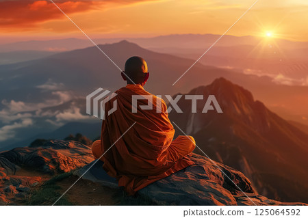 Man in a robe is sitting on a mountain top, looking out at the sunset 125064592