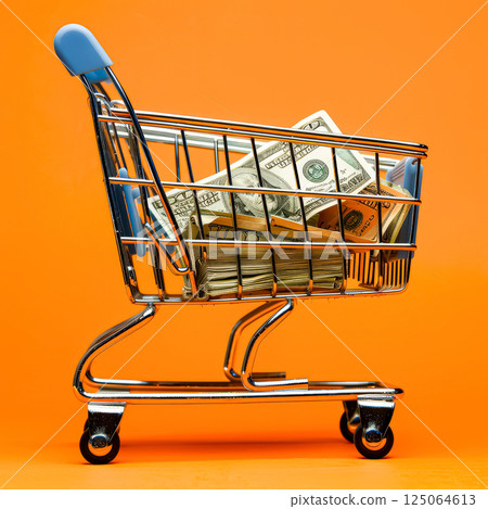 Shopping cart filled with money. 125064613