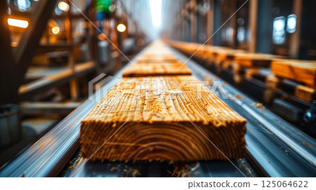 Wooden plank is on a conveyor belt in a factory 125064622
