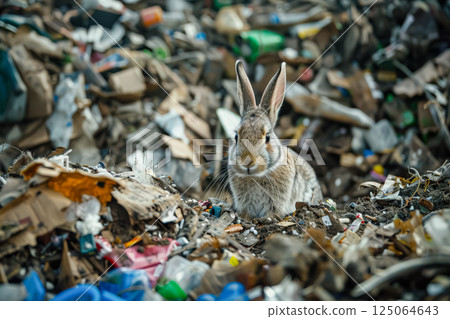 Rabbit is standing in a pile of trash Rabbit is standing in a pile of trash 125064643