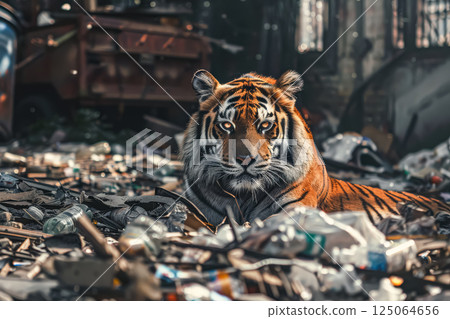 Tiger is laying in a pile of trash 125064656