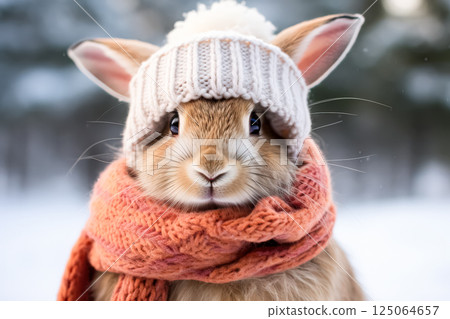 Rabbit wearing a white hat and orange scarf 125064657