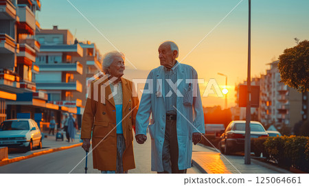 Couple walking down a street with a sunset in the background 125064661