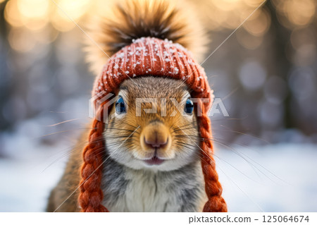 Squirrel wearing a red hat and a red scarf 125064674