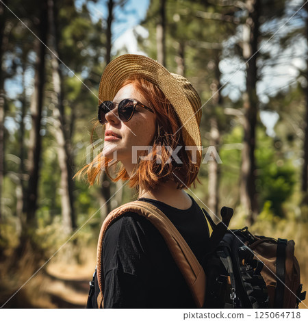 Woman wearing a straw hat and sunglasses is walking through a forest 125064718