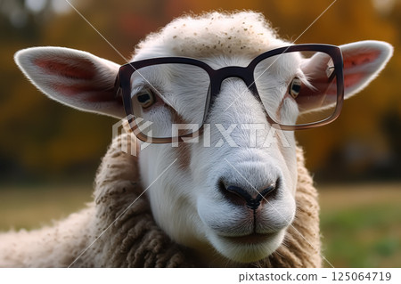 Sheep wearing glasses is staring at the camera Sheep wearing glasses is staring at the camera 125064719