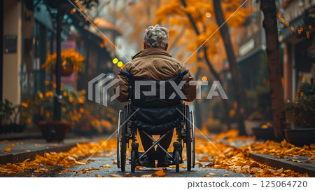 Man in a wheelchair is sitting on a sidewalk in autumn 125064720