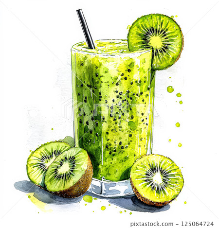 Glass of green juice with a straw and a slice of kiwi on top 125064724