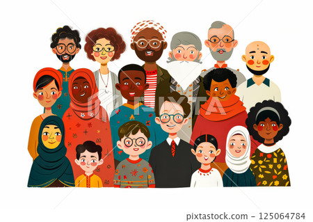 Group of people with different skin colors and religious clothing 125064784