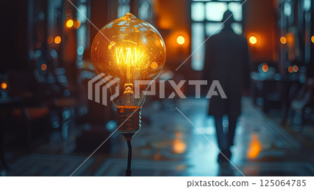Man walks past a light bulb in a dimly lit room 125064785