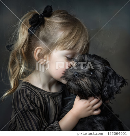 Young girl is hugging a small black dog 125064901