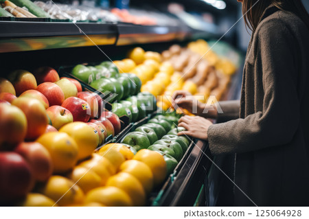 Woman is shopping for fruit in a grocery store 125064928