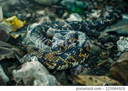 Snake is curled up on the ground next to trash 125064929