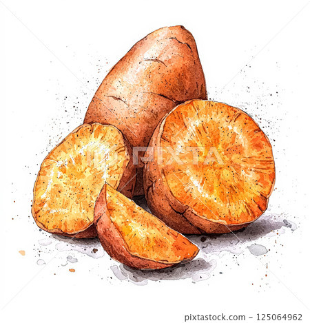Drawing of a peeled orange with a piece of it still attached 125064962
