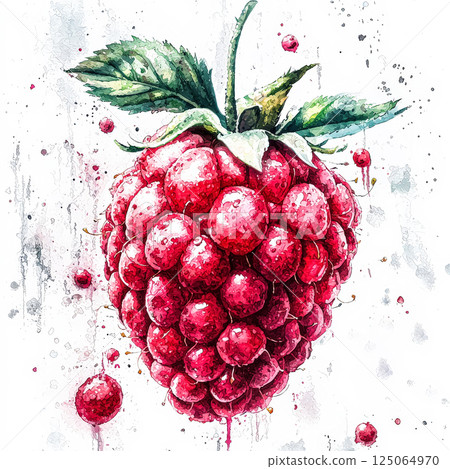 Close up of a red raspberry with a green leaf 125064970