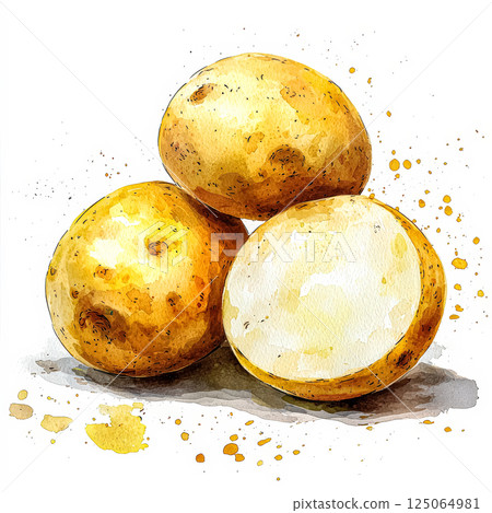 Three peeled potatoes are shown in a painting Three peeled potatoes are shown in a painting 125064981