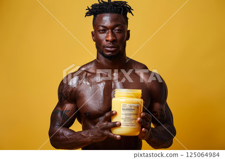 Man is holding a jar of lotion in his hand 125064984