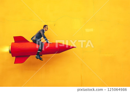 Man is sitting on a red rocket 125064986