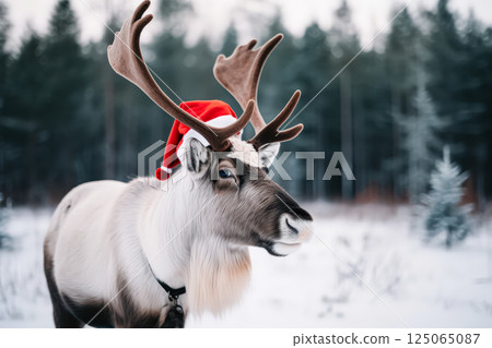 Reindeer with a Santa hat on its head 125065087