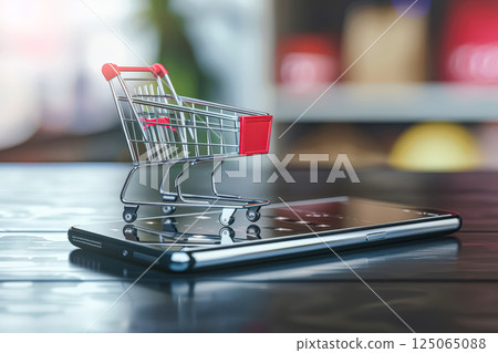 Shopping cart is on a cell phone. 125065088