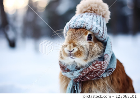 Rabbit wearing a blue hat and a scarf 125065101