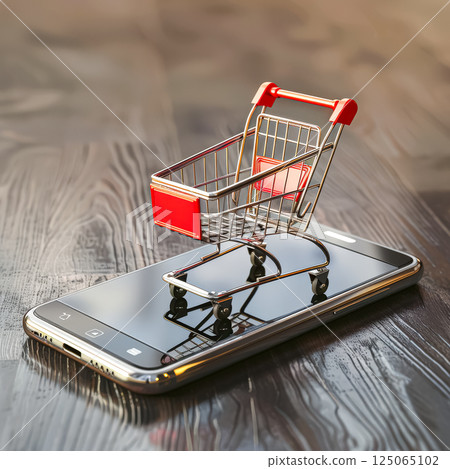 Shopping cart is displayed on a cell phone. 125065102