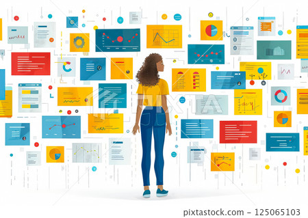 Woman stands in front of a wall of computer monitors displaying various graphs 125065103