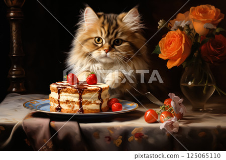 Cat is sitting on a table with a cake and a knife 125065110