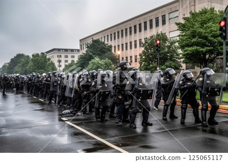 Group of police officers are lined up on a wet street 125065117