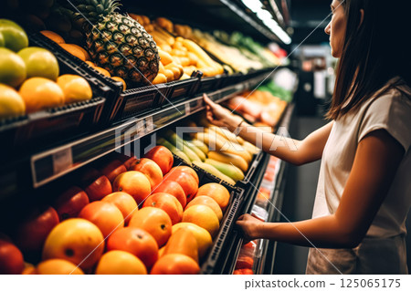 Woman is shopping for fruit in a grocery store 125065175