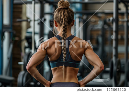 Woman with a ponytail is standing in a gym 125065220