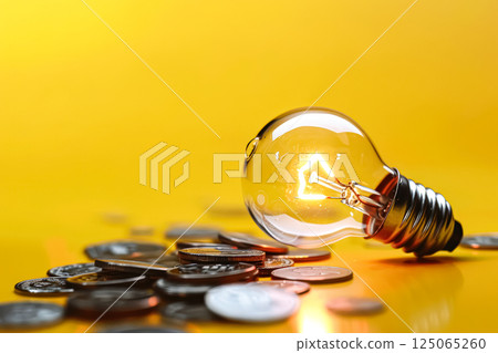 Light bulb is on top of a pile of coins 125065260