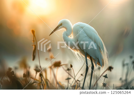 White bird stands in a field of flowers 125065264