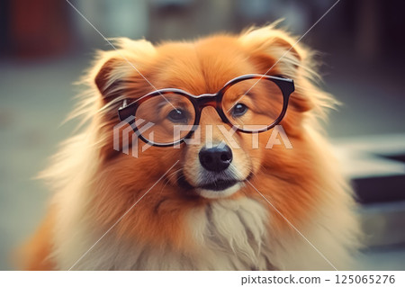 Dog with glasses is wearing them and looking at the camera Dog with glasses is wearing them and looking at the camera 125065276