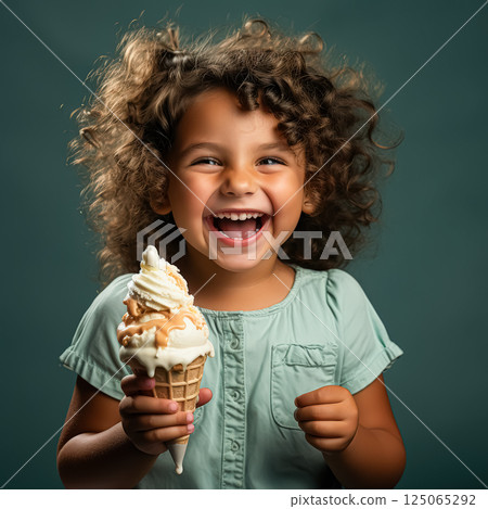 Young girl is holding an ice cream cone and smiling 125065292