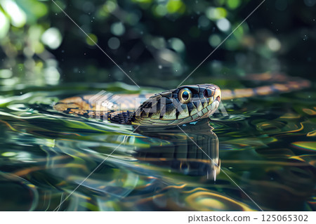 Snake is swimming in a body of water 125065302