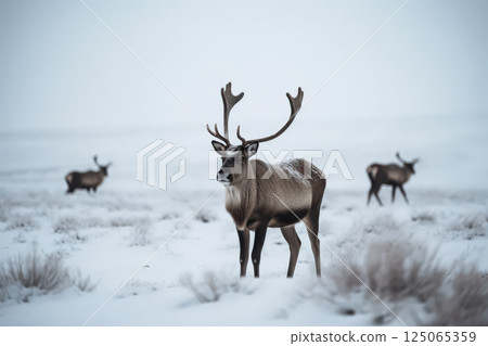 Deer stands in the snow with its antlers raised 125065359