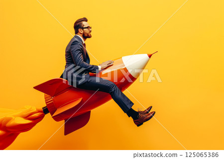 Man is sitting on a red rocket. 125065386